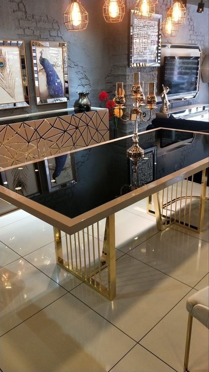 Aanjana Arts gold frame black glass dining table