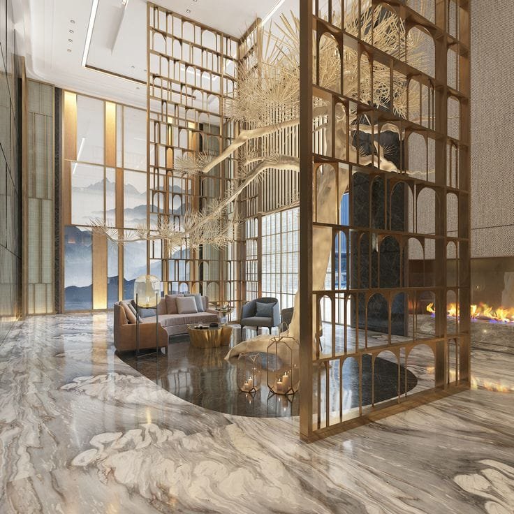 Aanjana Arts bronze arch screen lobby lounge