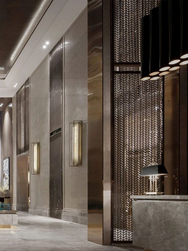 Aanjana Arts bronze chevron mesh panel corridor